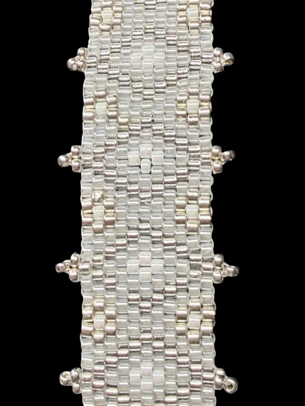 Woven Cream Silver Seed Bead Cuff Bracelet – Bridal Jewelry, Rhodium Clasp - Picture 4 of 11